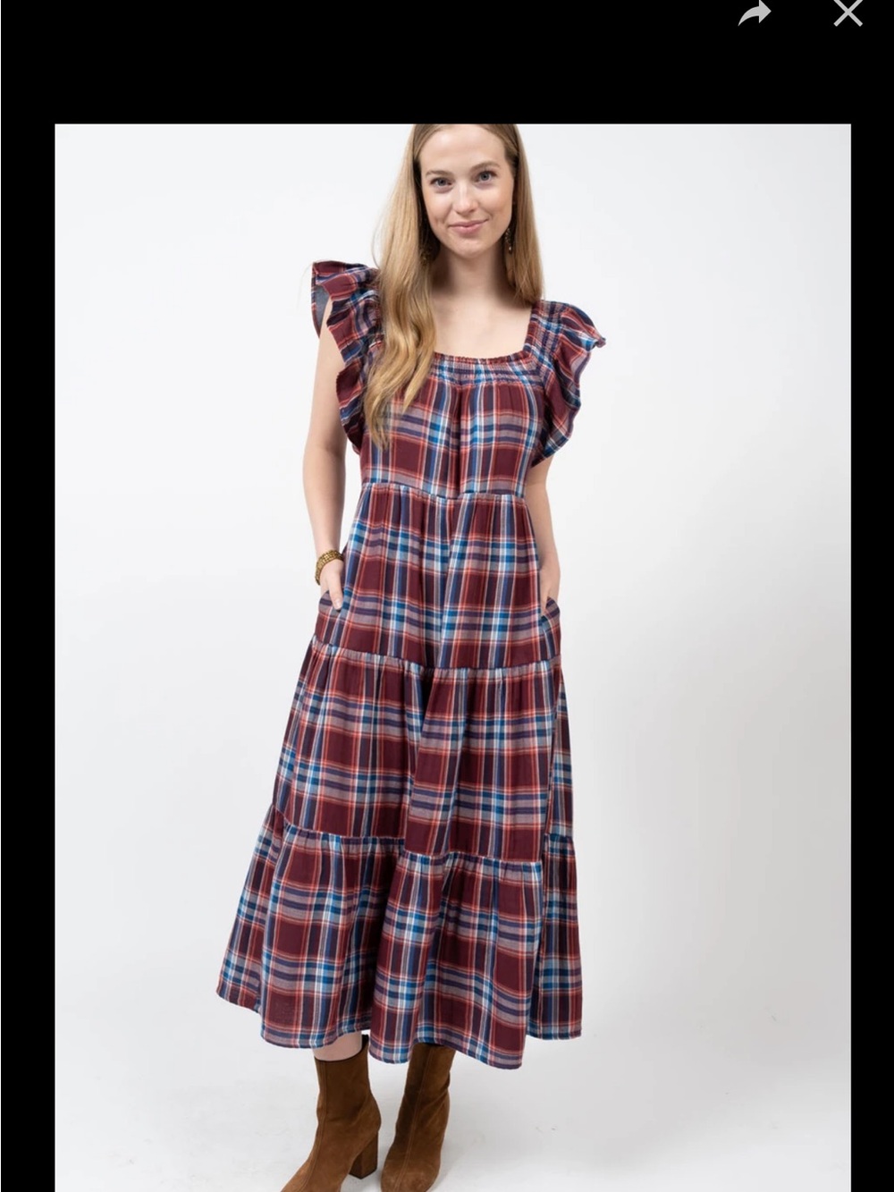 Uncle Frank Burgundy Plaid Tiered Maxi Dress with Ruffle Sleeves